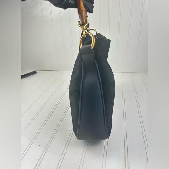 Gucci Black Suede Shoulder Bag with Bamboo Handle - Picture 6 of 11